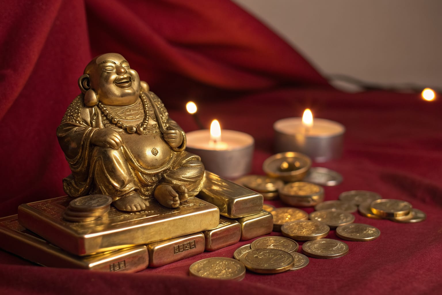 红色丝绒上摆放着金色的招财神像、金元宝与金币，烛光与香烟营造出祈求财运的氛围