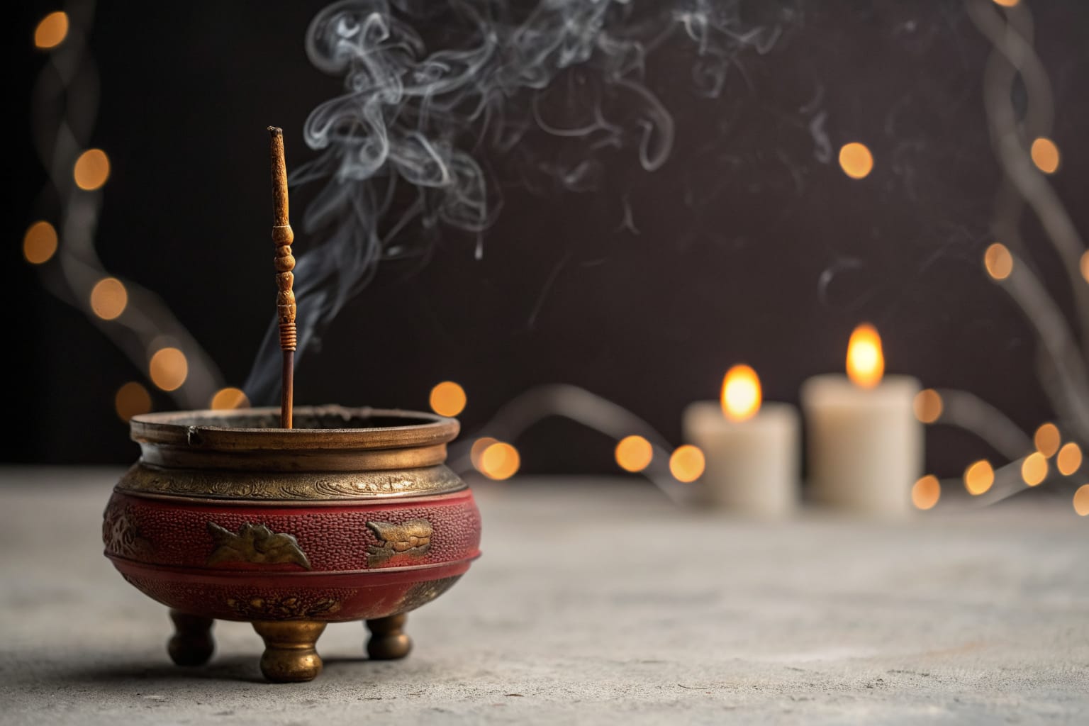 深色背景前一个古铜色的香炉，细细的香烟缓缓上升，旁边有柔和的烛光